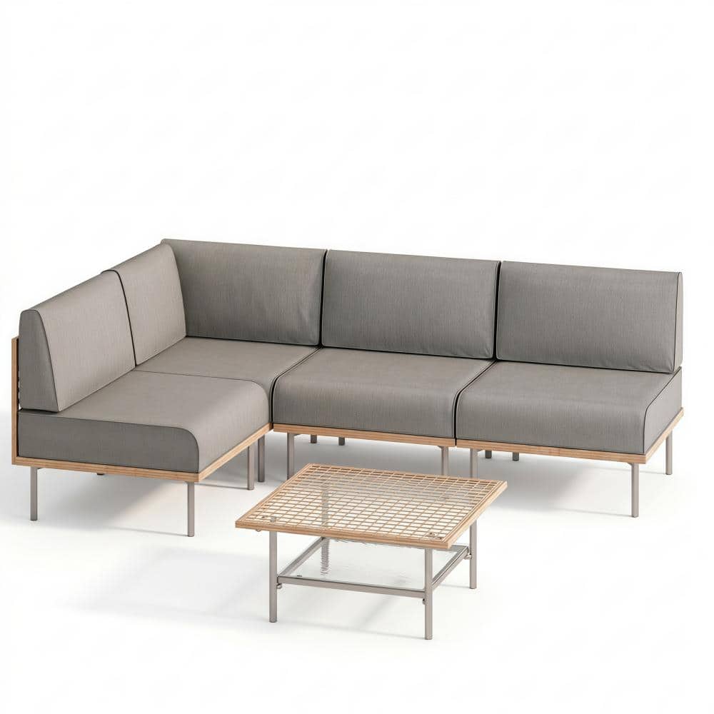 5-Piece Outdoor Patio Furniture Set with PE Rattan Sectional Sofa & Glass coffee Table
