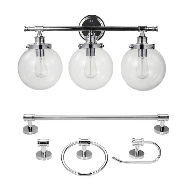 Globe Electric Milan 25.9 in. 3-Light Chrome Vanity Light with Clear Glass Shades and Bath Set (5-Piece), Bulbs Included