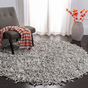 Leather Shag White 6 ft. x 6 ft. Round Solid Area Rug