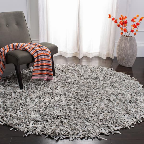 Leather Shag White 6 ft. x 6 ft. Round Solid Area Rug