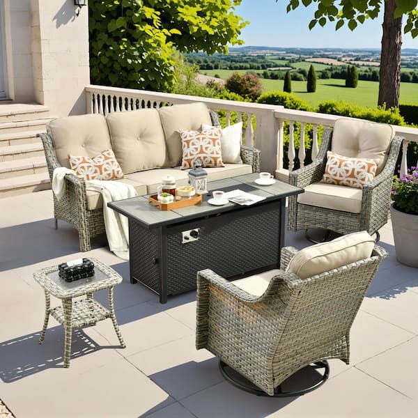 XIZZI Blanche 5-Piece Wicker Patio Rectangular Fire Pit Set with Beige Cushions and Swivel Rocking Chairs