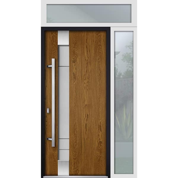 VDOMDOORS 52 in. x 96 in. Right-Hand/Inswing Sidelight Transom Frosted Glass Oak Steel Prehung Front Door with Hardware