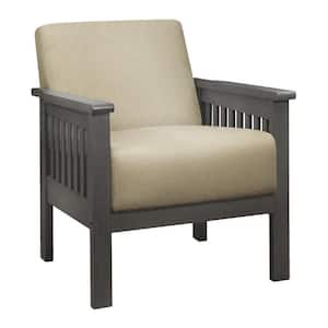 Brown and Gray Polyester Arm Chair with Attached Back and Cushioned Seat