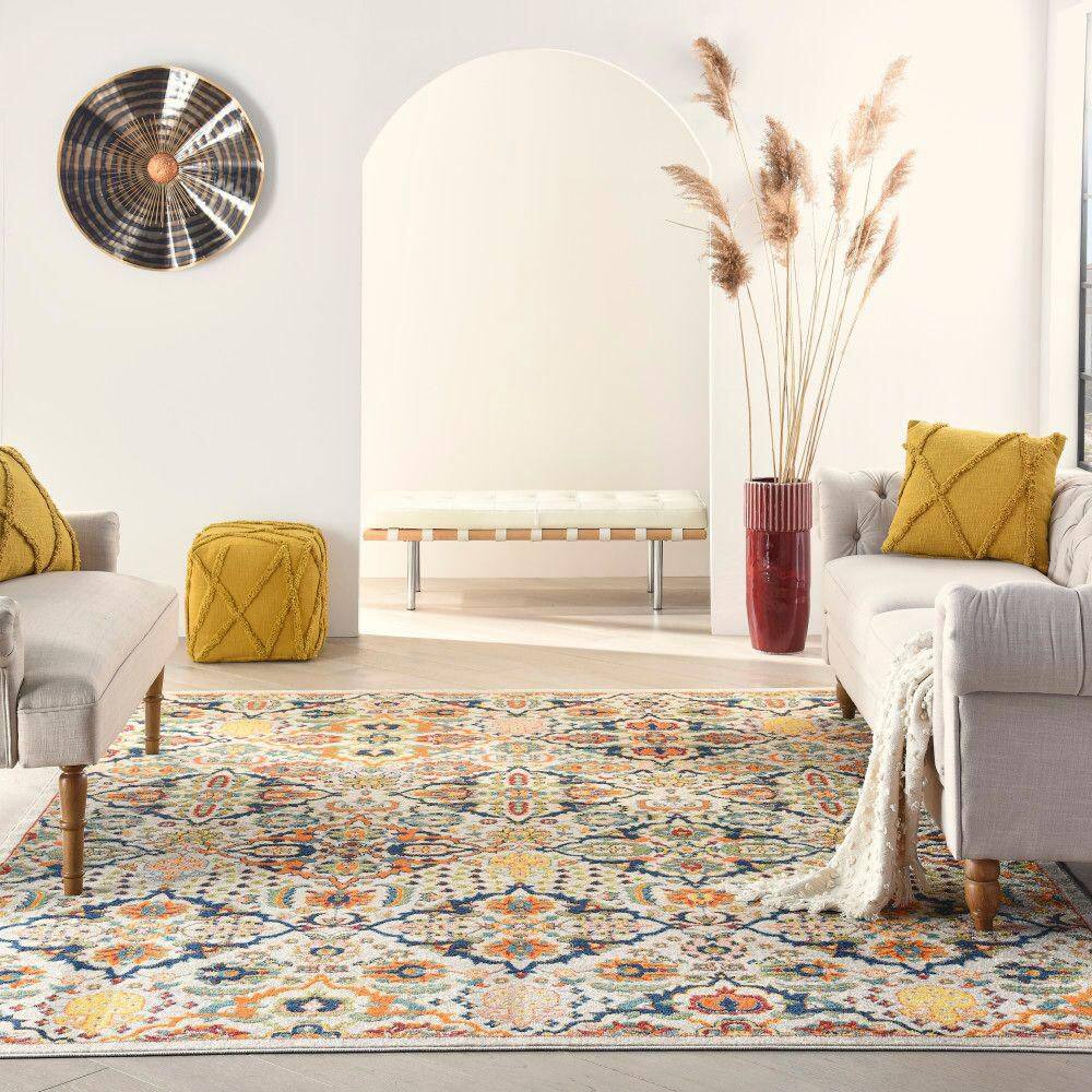 Ivory and Jewel Tones Boho Floral 8'x10' Synthetic Area Rug