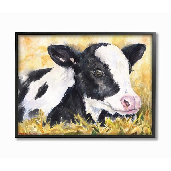 Stupell Industries 16 in. x 20 in. "Cute Baby Cow Yellow" by George Dyachenko Framed Wall Art