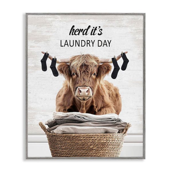 Laundry Cattle with Hanging Socks by Lettered and Lined Gray Framed Typography Giclee Art Print 30 in. x 24 in.