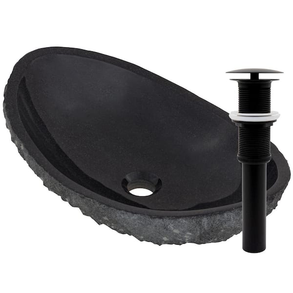 Novatto Oval Stone Vessel Sink in Black Granite with Umbrella Drain in Matte Black