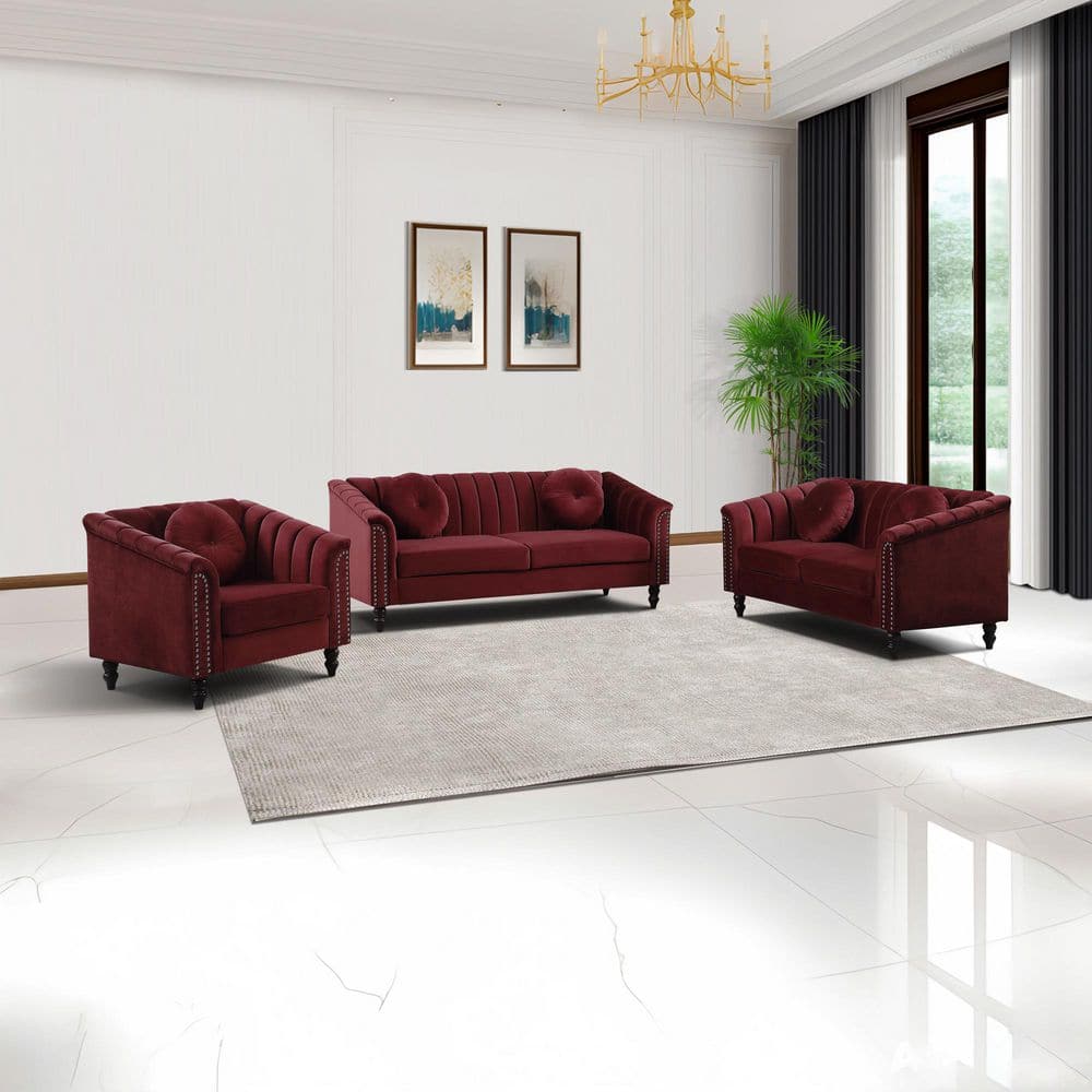 31 in. 3-Piece Fabric Living Room Sectional Sofa Set in Red with Solid Wood Legs and Ergonomic Design