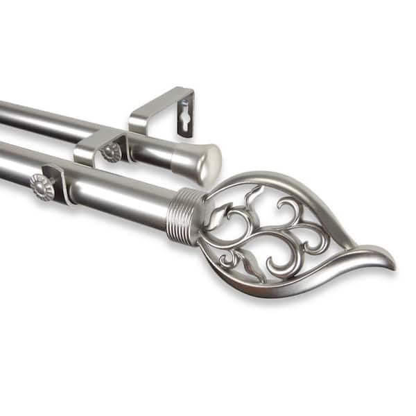 Rod Desyne 120 in. - 170 in. Telescoping 1 in. Double Curtain Rod Kit in Satin Nickel with Flora Finial