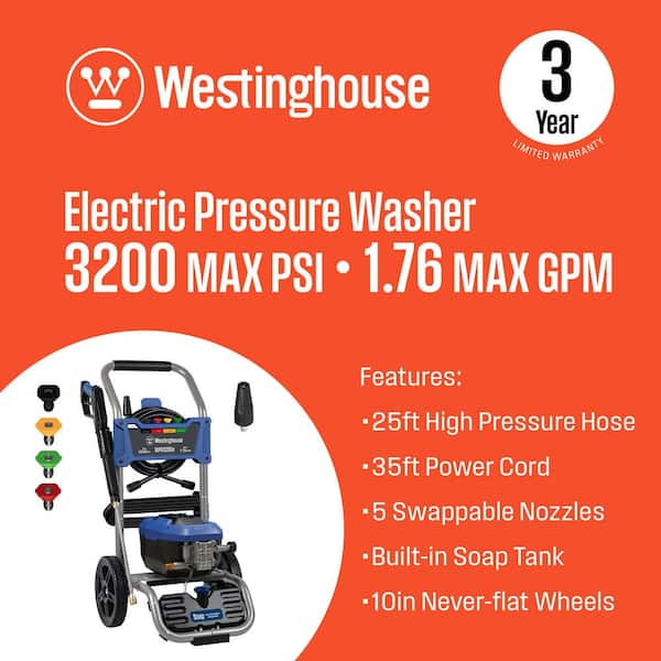 3200 Max PSI 1.76 Max GPM 13 Amp Cold Water Electric Powered Pressure Washer with Turbo Nozzle and 5-Quick Connect Tips