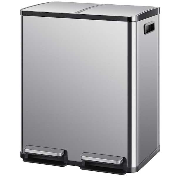 Large 16 Gal. Silver Trash Can Lid Stainless Steel Garbage Can with Dual Inner Bins with Soft-Close Foot Pedal