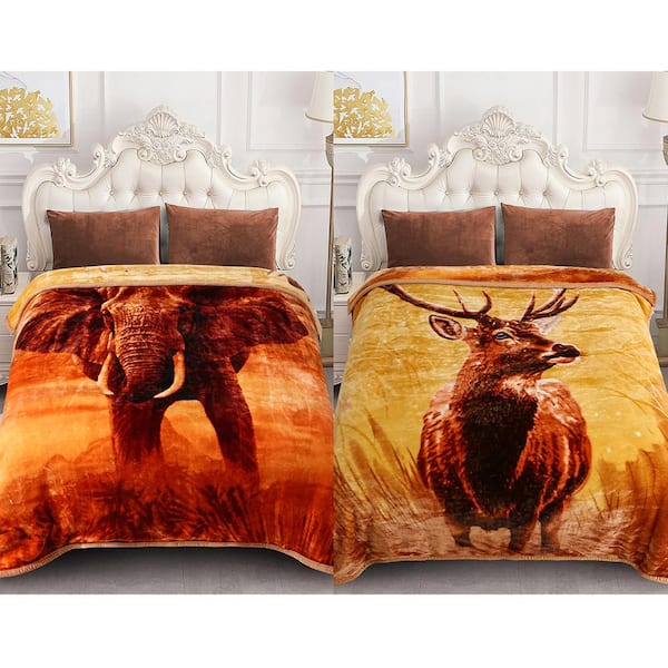 JML Deer Elephant 75 in. x 87 in. Reversible Printed Fleece Mink Warm Thick Winter Blanket