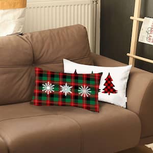 Decorative Christmas Tree & Plaid Throw Pillow Lumbar 12 in. x 20 in. White & Red & Green for Couch, Bedding Set of 2