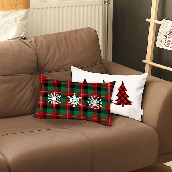 Mike&Co. New York Christmas Tree & Plaid Decorative Throw Pillow Set of 2 Lumbar White & Red for Couch, Bedding - Red - 12 x 20 in