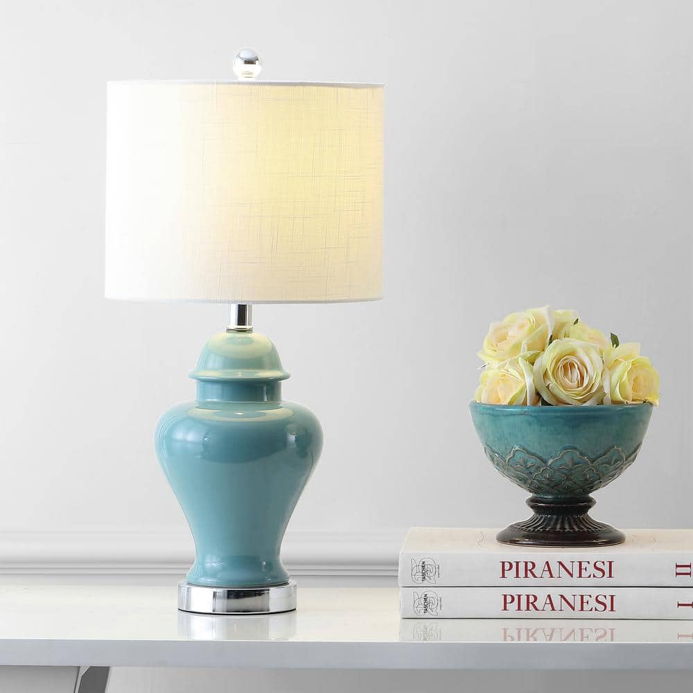 Jade Green Ceramic and Iron 22" Table Lamp Set with Linen Shade