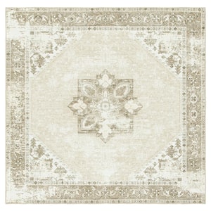 Tuscon Sage/Ivory 4 ft. x 4 ft. Machine Washable Border Distressed Square Area Rug