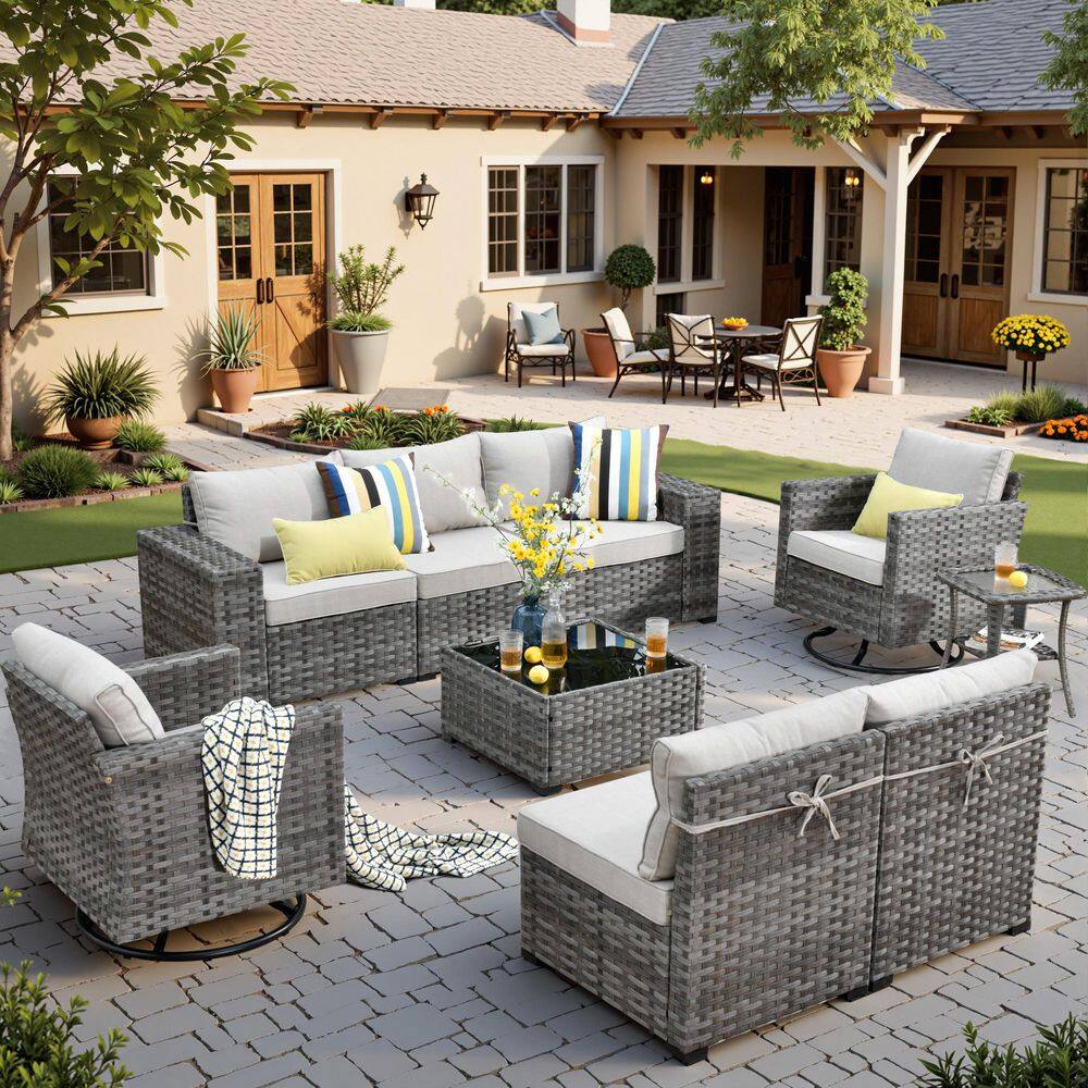 Baldwin Gray 9-Piece Wicker Wide Arm Outdoor Patio Conversation Sectional Set with Swivel Chairs and Beige Cushions price history on PriceWatchPro