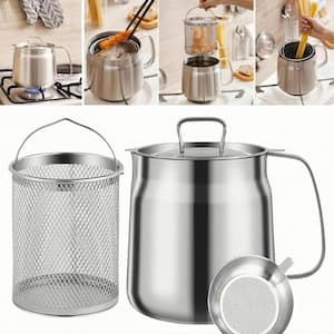 50oz/1. 5L Stainless Steel Deep Fryer Pot with Basket Large Capacity Versatile Oil Filter in Silver