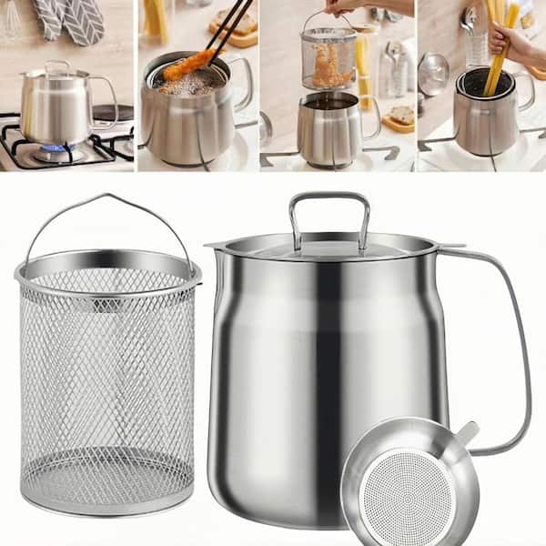 Anqtovp 50oz/1. 5L Stainless Steel Deep Fryer Pot with Basket Large Capacity Versatile Oil Filter in Silver