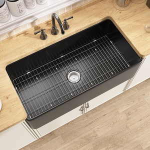 36 in. Modern Apron Front Kitchen Sink Black Single Bowl Fireclay Farmhouse Kitchen Sink With Bottom Grids And Strainer