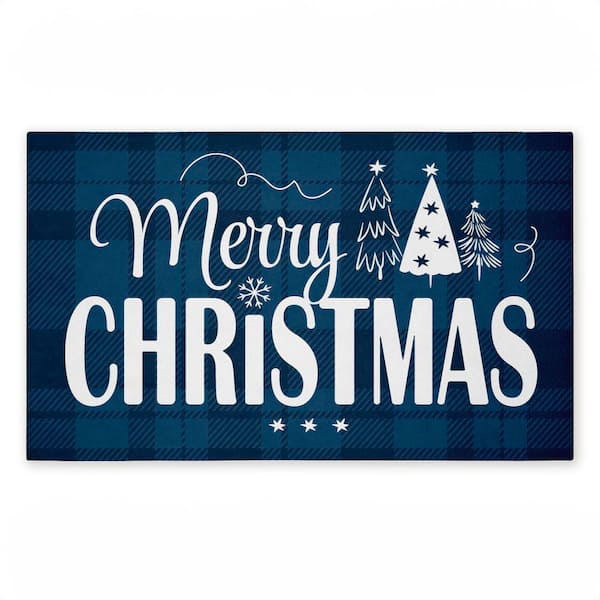 Blue Toned Merry Christmas Blue 18 in. x 30 in. Polyester Non-Slip Outdoor Door Mat