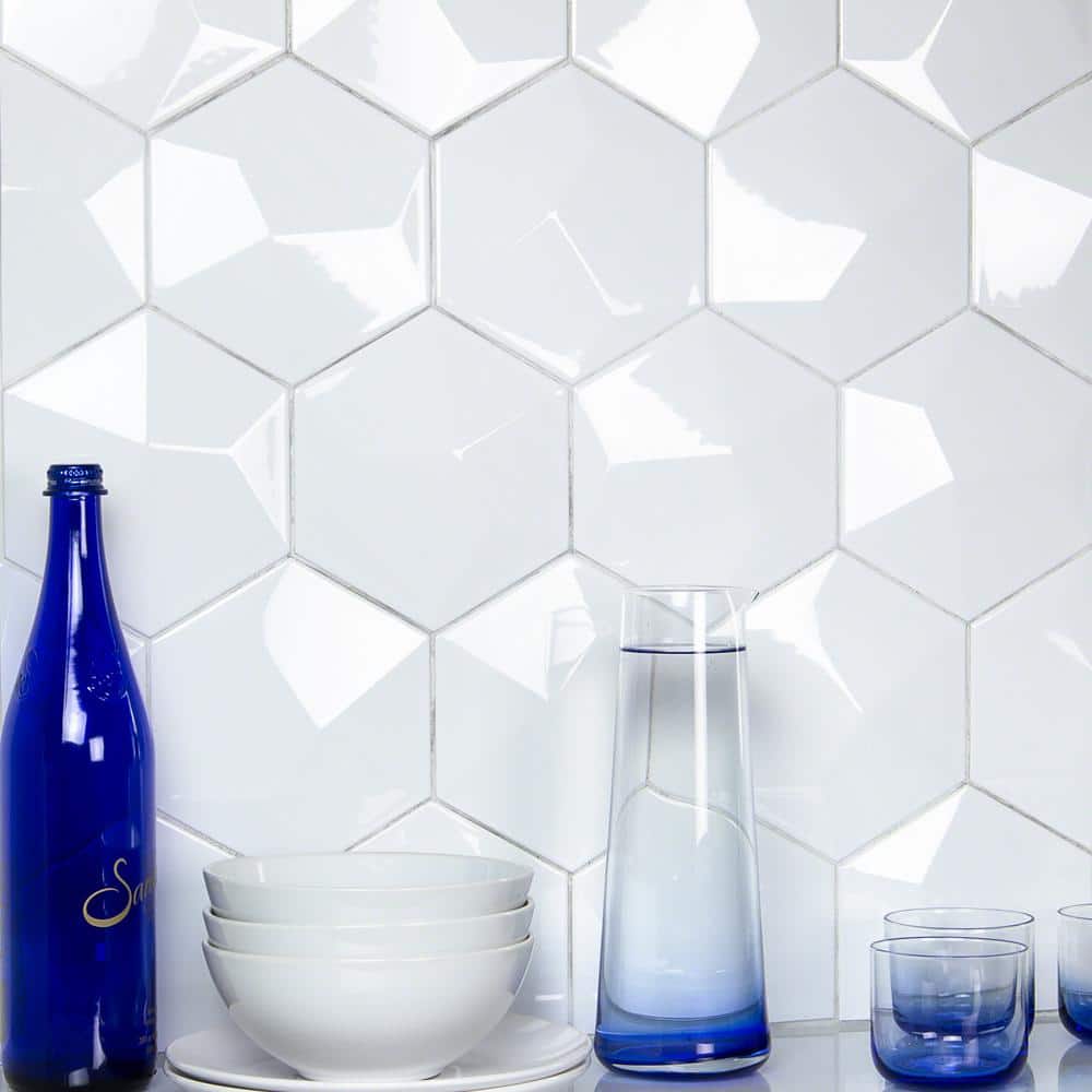 David Collection Polished White Ceramic Hexagon Wall Tile