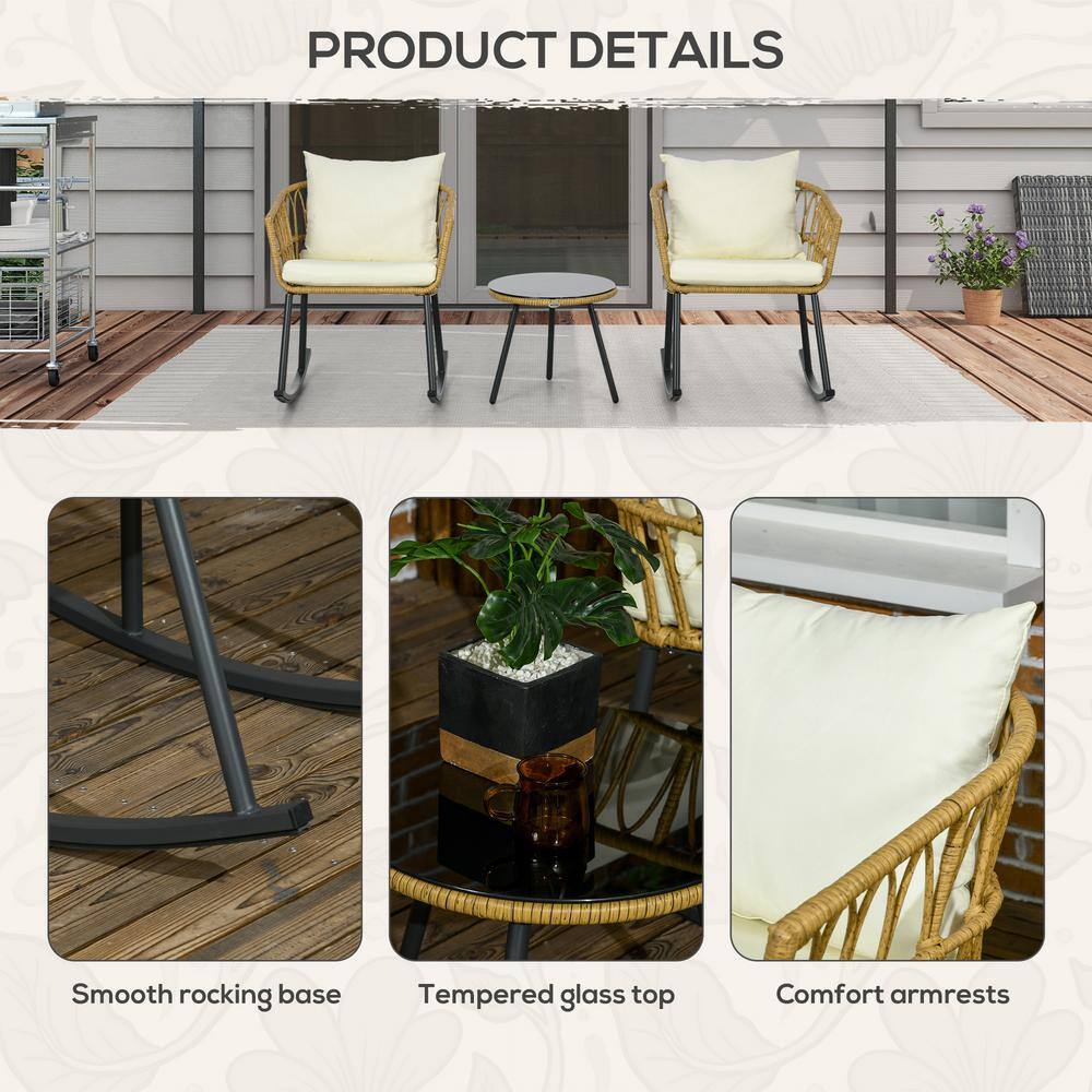 Cream White Cushioned Wicker Rocking Chair Patio Set with Glass Table