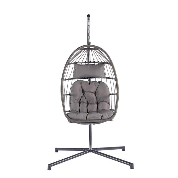 Unbranded 40.8 in. Dark Gray Wicker Rattan Egg Patio Swing with Light Gray Cushions
