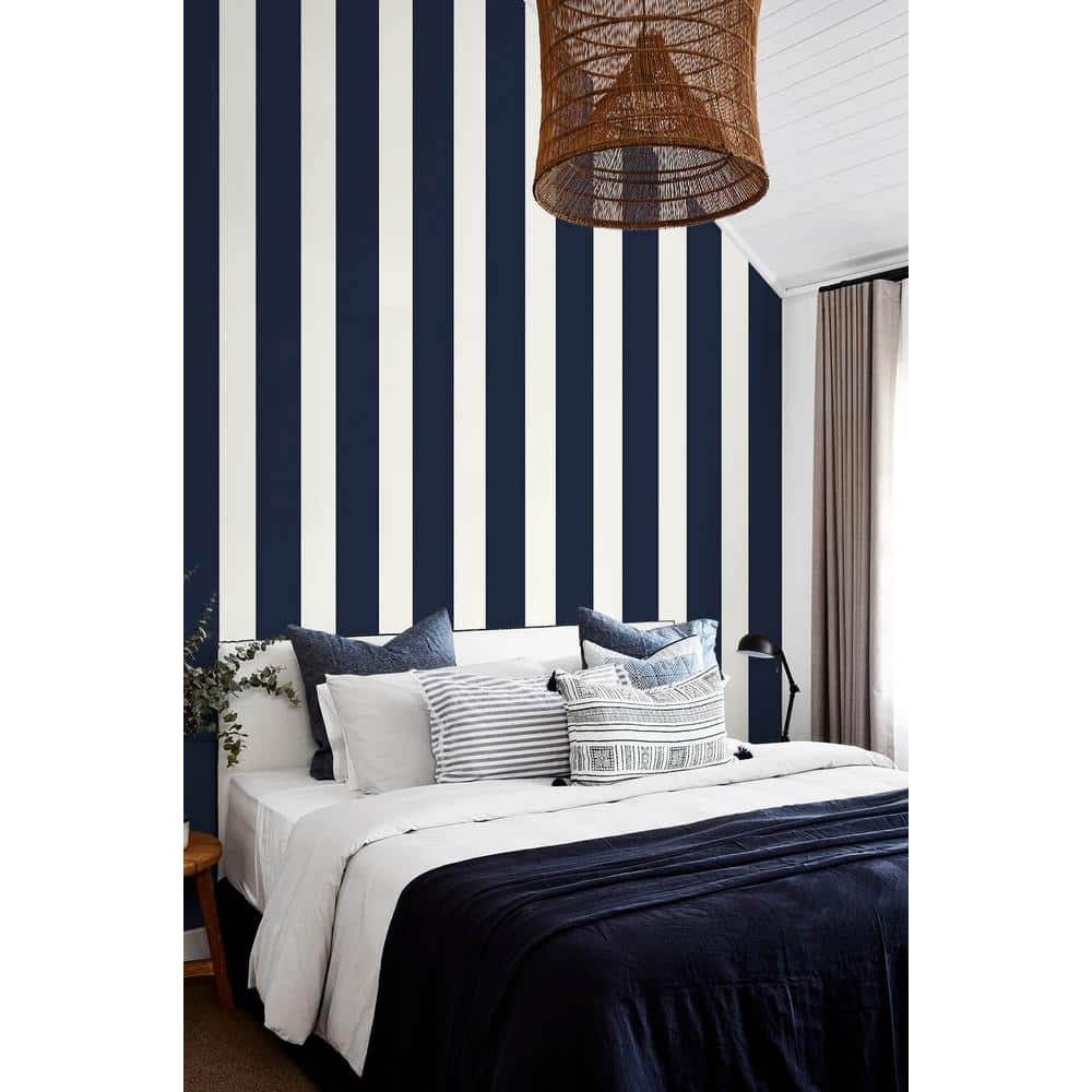 Midnight Blue and White Striped Peel & Stick Vinyl Wallpaper