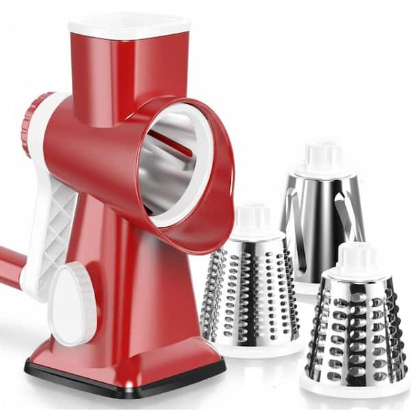 Red Rotary Cheese Grater with 3 Stainless Steel Blades and Suction Base for Slicing, Shredding, Grinding