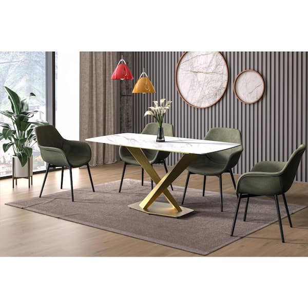 Leisuremod Voren Modern White Stone Tabletop 55.11 in. Double Pedestal Base Dining Table 6-Seater in Gold Stainless Steel