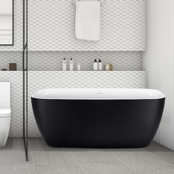 UPIKER 59 in. Acrylic Flatbottom Freestanding Non-Whirlpool Tub Includes Soaking Bathtub With Polished Chrome Drain in Black