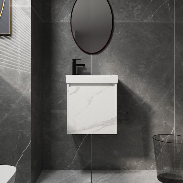 20 in. Single Sink Floating White Bath Vanity with White Ceramic Top, Bevel Handle