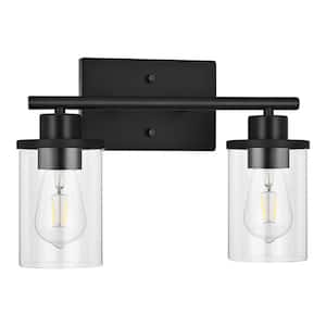 13.9 in. 2-Light Black Vanity Light with Clear Glass Shade