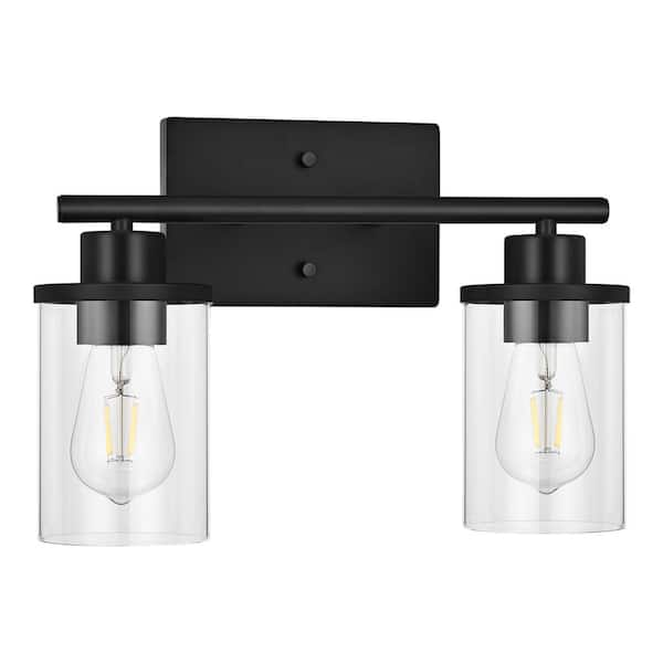 EDISHINE 13.9 in. 2-Light Black Vanity Light with Clear Glass Shade ...