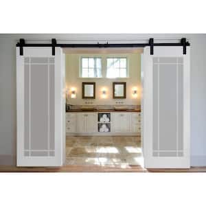 60 in. x 80 in. Primed Composite 9-Lite Clear Double Sliding Barn Door with Hardware Kit