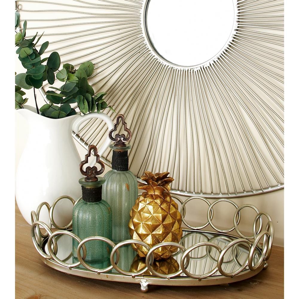 Elegant Silver Mirrored Oval Tray Set, 22" & 18"W with Geometric Pattern