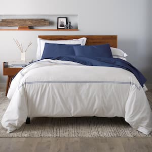 Navy Satin Stitched King Size 100% Percale Cotton Duvet Cover Set