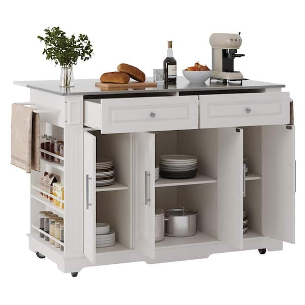 White Stainless Steel Top 60 in. Kitchen Island with Drop Leaf, Power Outlets, Storage Drawers and Open Shelves