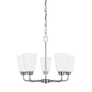 Kerrville 5-Light Brushed Nickel Traditional Transitional Single Tier Hanging Chandelier with Satin Etched Glass Shades