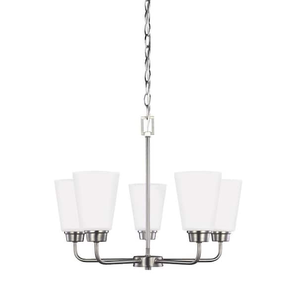Generation Lighting Kerrville 5-Light Brushed Nickel Traditional Transitional Single Tier Hanging Chandelier with Satin Etched Glass Shades