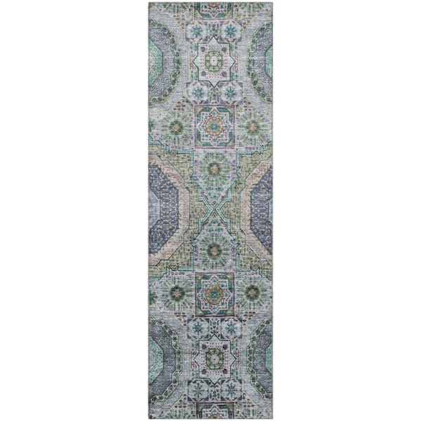 Mayfield Premium Machine Washable Abstract AMF1923 Green 2 ft. x 7 ft. Runner Rug