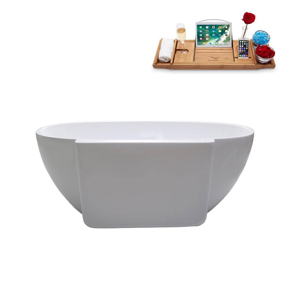 Glossy White Oval Acrylic Freestanding Soaking Tub with Brushed Gold Trim