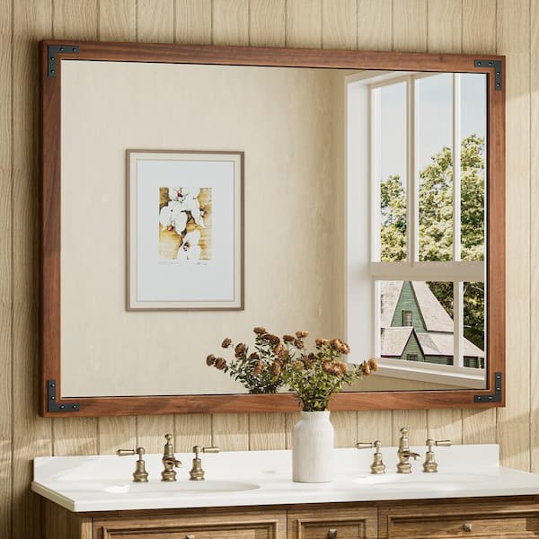 48 in. W x 36 in. H Large Rectangular Rustic Wood Framed Farmhouse Wall Bathroom Vanity Mirror in Brown