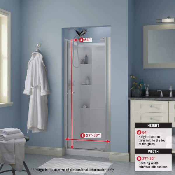 Contemporary 27 in. to 30 in. x 64-3/4 in. Semi-Frameless Pivot Shower Door in Chrome with 1/4 in. Tempered Rain Glass