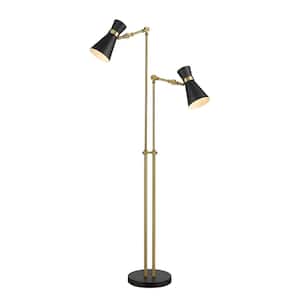 56.5 in. 2-Light Matte Black and Heritage Brass Floor Lamp with Matte Black Metal Shade