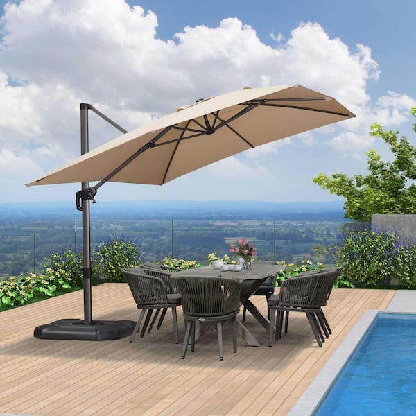 9 ft. x 11.5 ft. Aluminum Outdoor Patio Cantilever Umbrella Offset 360° Rotation Umbrella with Base, Beige