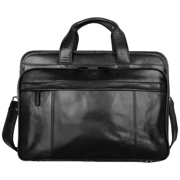 Pelle D'oro Black Leather Double Compartment Top Zipper 15.6 in. Laptop / Tablet Briefcase