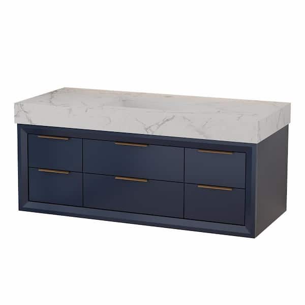 Wenlorin 48 in. Single Sink Floating Blue Bath Vanity with White Engineered Marble Top Pre-Assembled