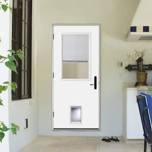 Miniblind Painted Steel Prehung Front Door with Brickmold and Pet Door